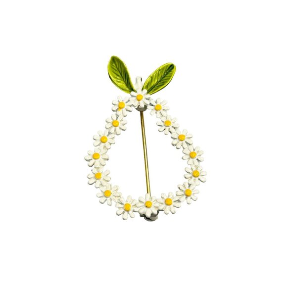 Daisy & Leaf Enamel Brooch Floral Pear Shaped Design Vintage Flowers Pin - Picture 1 of 6